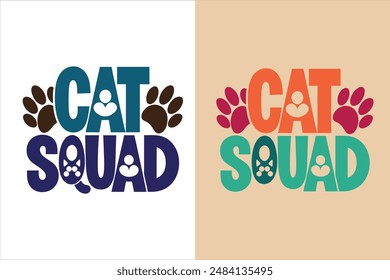 Stylish Cat Squad T-shirt with chunky letters featuring paw prints and whiskers on a modern white background Perfect for vector illustration and design