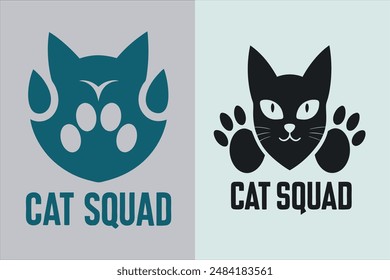 Stylish Cat Squad T-shirt with chunky letters featuring paw prints and whiskers on a modern white background Perfect for vector illustration and design