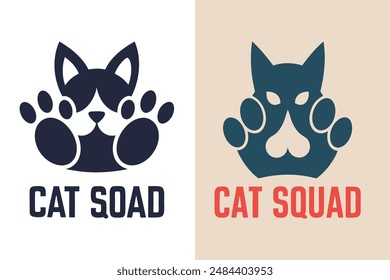 Stylish Cat Squad T-shirt with chunky letters featuring paw prints and whiskers on a modern white background Perfect for vector illustration and design