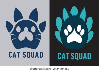 Stylish Cat Squad T-shirt with chunky letters featuring paw prints and whiskers on a modern white background Perfect for vector illustration and design