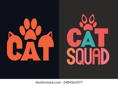 Stylish Cat Squad T-shirt with chunky letters featuring paw prints and whiskers on a modern white background Perfect for vector illustration and design