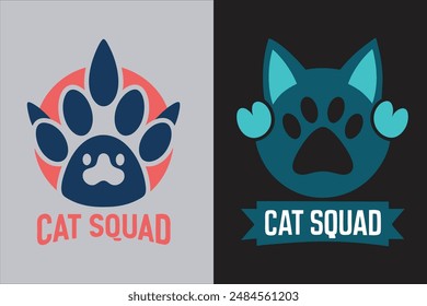 Stylish Cat Squad T-shirt with chunky letters featuring paw prints and whiskers on a modern white background Perfect for vector illustration and design