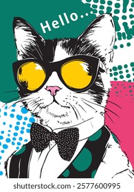 Stylish cat wearing yellow sunglasses and bowtie on vibrant colorful dotted background with playful typography. Modern animal concept
