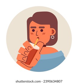 Stylish caucasian young adult woman sipping straw 2D vector avatar illustration. Coffee enjoying college girl cartoon character face. Drinking milkshake flat color user profile image isolated on white