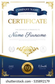 Stylish Certificate Design With Blue Ribbon Place For Text And Gold Award Vector Illustration