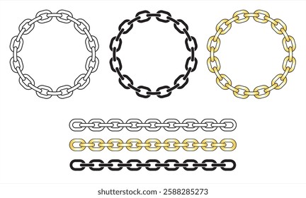 Stylish Chain Vector Collection Gold, Black, and Silver Chain Frames and Linear Borders for Graphic Design and Digital Art Projects