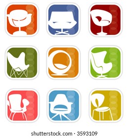 Stylish chair icons with a retro flavor—very mid-century modern; Easy-edit layered vector art. All elements whole so you can move them around.