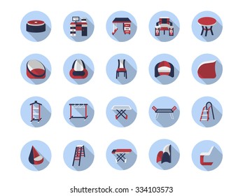 Stylish chairs and tables. Furniture for home laundry and kitchen. Office furniture. Round flat color vector icons collection with long shadow. Design elements for website, mobile and business.