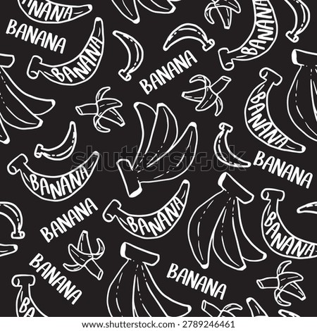 Stylish Chalkboard Banana Fruit Doodle Pattern. Trendy seamless pattern featuring hand-drawn banana doodles. Ideal for fruit-themed packaging, textiles, wallpapers, and digital prints.