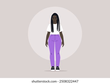 A stylish character confidently showcases her curvy hips while wearing a casual white tee and vibrant purple pants against a minimalist background