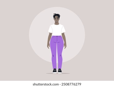 A stylish character confidently showcases her curvy hips while wearing a casual white tee and vibrant purple pants against a minimalist background