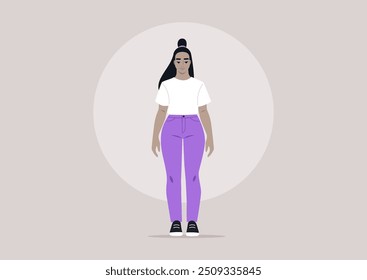 A stylish character confidently showcases her curvy hips while wearing a casual white tee and vibrant purple pants against a minimalist background