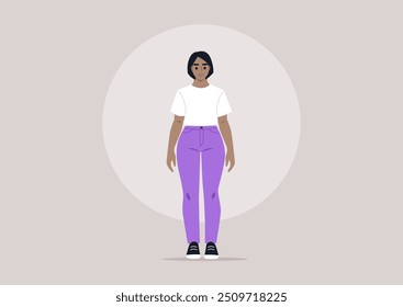 A stylish character confidently showcases her curvy hips while wearing a casual white tee and vibrant purple pants against a minimalist background