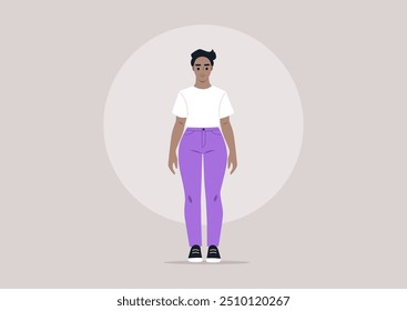 A stylish character confidently showcases her curvy hips while wearing a casual white tee and vibrant purple pants against a minimalist background