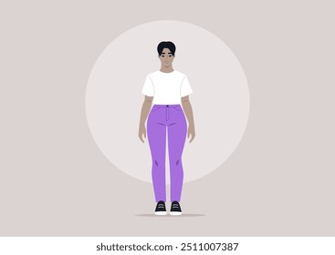 A stylish character confidently showcases her curvy hips while wearing a casual white tee and vibrant purple pants against a minimalist background