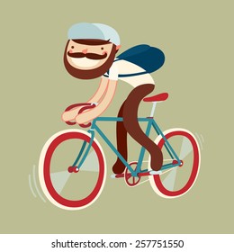  stylish character on bike. bicycle rider with beard. vector illustration