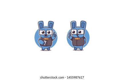 stylish character rabbit. bunny in a shirt. blue bunny teacher. cute mascot shows roll up. holds the phone in his hands. with telephone - vector