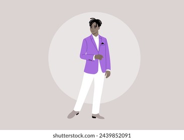 A stylish character in a vivid purple jacket and crisp white pants performing on a stage