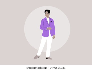 A stylish character in a vivid purple jacket and crisp white pants performing on a stage