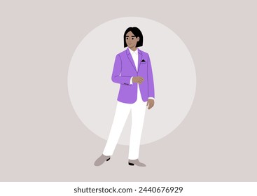 A stylish character in a vivid purple jacket and crisp white pants performing on a stage