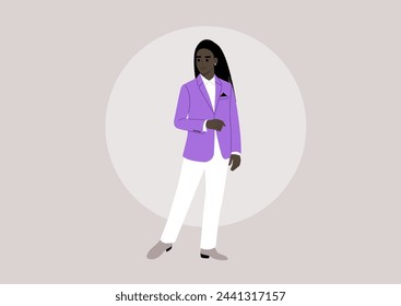A stylish character in a vivid purple jacket and crisp white pants performing on a stage
