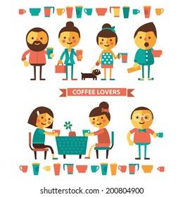 Stylish characters with cups and glasses of coffee illustration. Male and female characters drink coffee on the go and at the table vector illustration. flat style