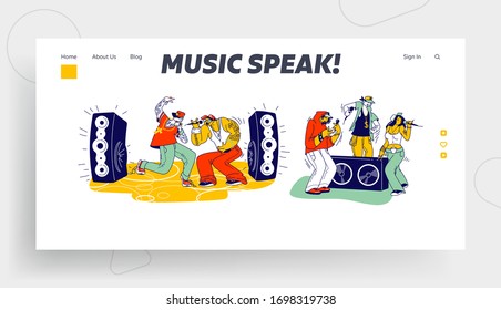 Stylish Characters Modern Musicians Performing on Stage with Rap Music Young Rappers Singing Hip-hop and Dancing on Scene with Sound Equipment Landing Page Template. Linear People Vector Illustration