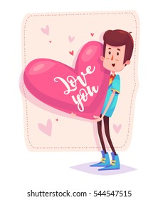 Stylish and charming man holding a heart. Modern design stylish illustration. Valentines Day Card.