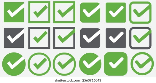 Stylish check mark icon set offering variety and precision. Great for logos, presentations, and web designs.