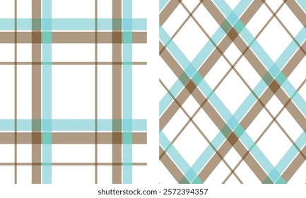 A stylish checkered design featuring intersecting aqua blue and brown lines on a white background, ideal for textiles, fashion, wallpapers, and digital designs.