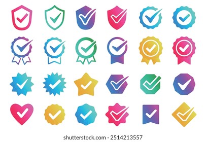 Stylish checkmark and certification mark badge icons (RGB gradient)