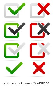 Stylish checkmark and cross set with green, red and grey colors - For Correct, incorrect, aggree, disaggree, right, wrong and include(d), exclude(d) concepts