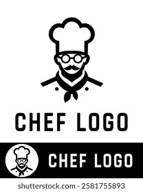 Stylish chef logo design featuring a mustached chef wearing glasses and a hat