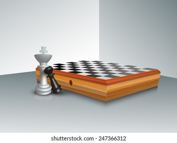 Stylish chess board with figures of king and pawn on grey background.