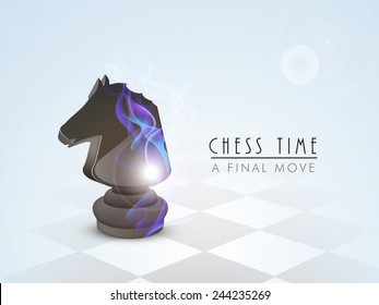 Stylish chess knight with flame on sky blue background.