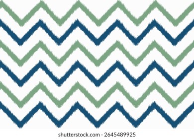 A stylish chevron fabric pattern featuring alternating green and navy blue zigzag lines on a clean white background. The design is enhanced with a textured, yarn-like appearance, giving it a cozy .