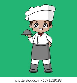 A stylish chibi boy chef is smiling while carrying a dish.