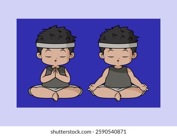 A stylish chibi boy is practicing meditation. A chibi boy is seriously performing the Sukhasana Easy Pose and the Padmasana Lotus Pose.