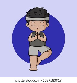 A stylish chibi boy is practicing yoga. A chibi boy is performing the Tree Pose (Vrikshasana) with focus.