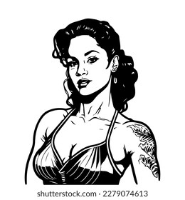 A stylish Chicano girl in black and white, rendered in intricate Hand drawn line art illustration