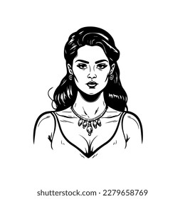 A stylish Chicano girl in black and white, rendered in intricate Hand drawn line art illustration