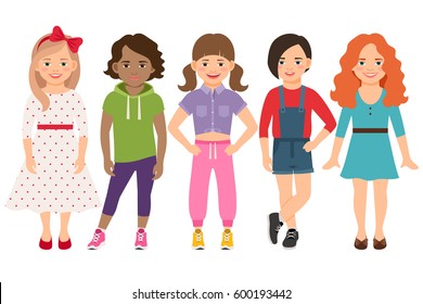 Stylish child girls vector illustration. Blonde and brunette, brown haired and redhead little girl set isolated on white background