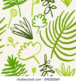 Stylish child painting pattern with tropical leaves. Hand drawn overlapping background for your design. Textile, blog decoration, banner, poster, wrapping paper.