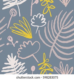 Stylish child painting pattern with tropical leaves. Hand drawn overlapping background for your design. Textile, blog decoration, banner, poster, wrapping paper.