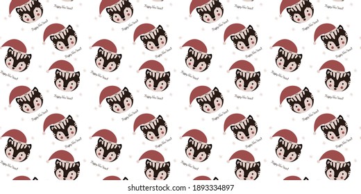 Stylish childish seamless pattern of the faces of cute happy black tigers in Santa Claus caps in the Scandinavian style, snowflakes, calligraphic quotes "Happy New Year" on a white background. Vector.