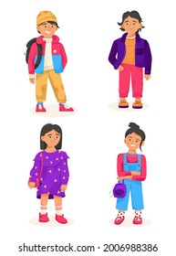 Stylish children concept set. Bundle of little boys and girls in modern casual outfits is standing. Kids fashion and clothing industry. Vector character illustration isolated on white background