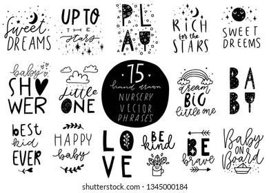 Stylish children phrases hand drawn lettering with cute details and texture set. Black and white quote tattoos, stickers, overlays for nursery room collection. Vector illustrations bundle. Eps 10