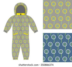 Stylish childrens clothing. Fashionable overalls for boy or girl. Set of seamless pattern of circles for baby tissue.
