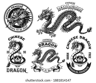 Stylish Chinese dragon black and white tattoo vector illustration set. Vintage traditional Asian monster. Oriental culture and mythology concept can be used for retro template, banner or poster
