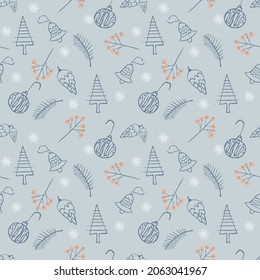 Stylish Christmas background with bell, spruce, pine cone, snowflake and berries on a blue background. Perfect for holiday invitations, greeting cards, wallpapers, packaging textiles and other designs